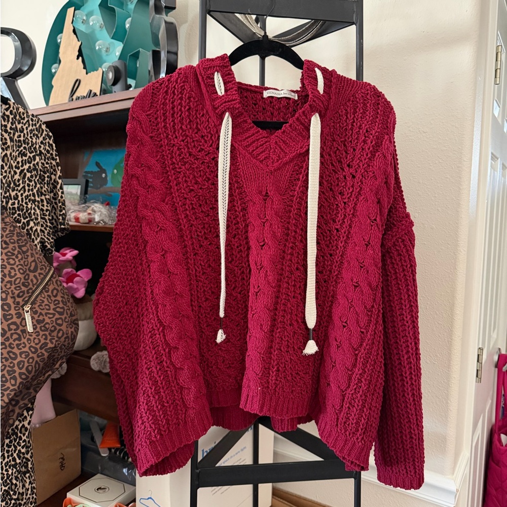 Cozy Red Knit Sweater with Hood